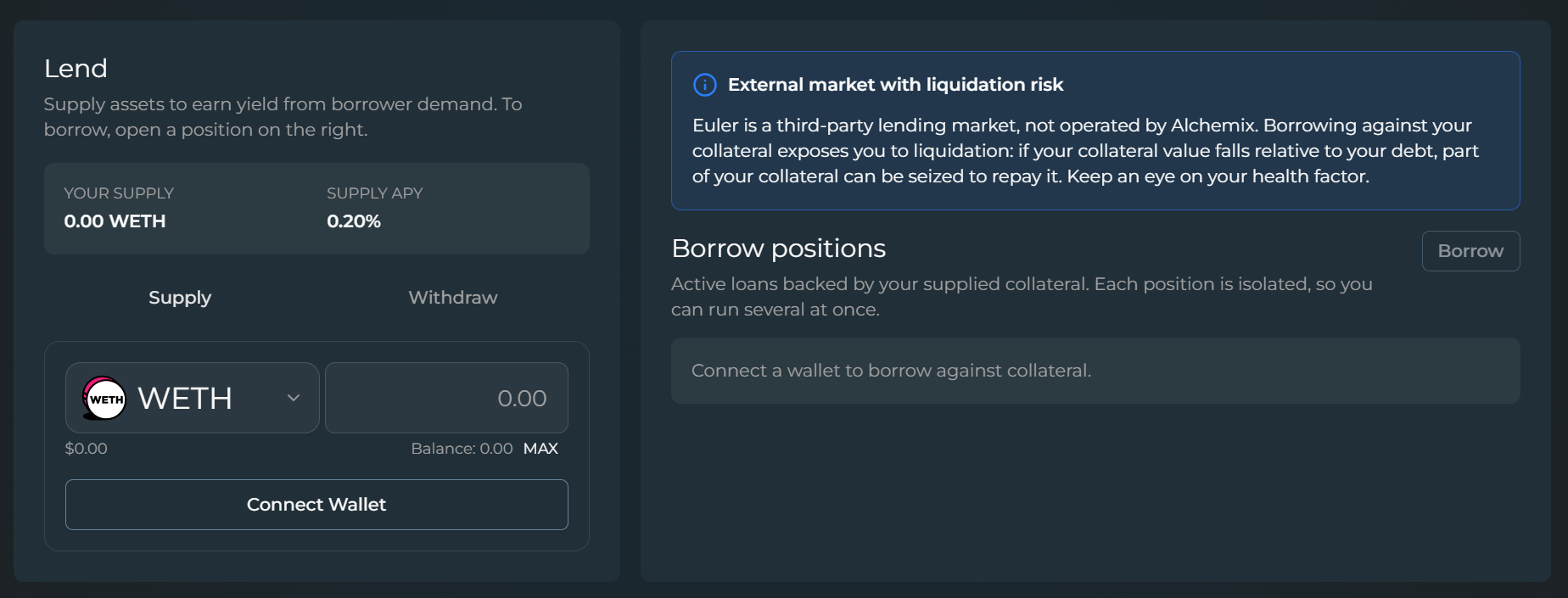 Euler Lend panel and Borrow positions section